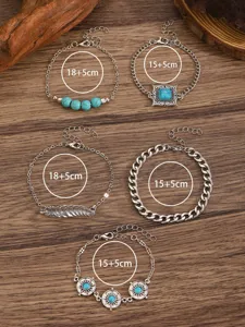 Boho multilayer turquoise stone charm bracelet set with adjustable extension chains for women.