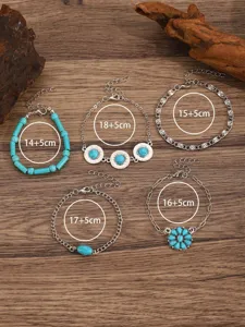 Bohemian turquoise chain bracelet set for women, vintage silver layered wrist jewelry.
