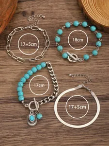 Cross-border bohemian turquoise stone bracelet set multi-layer silver chain jewelry for women