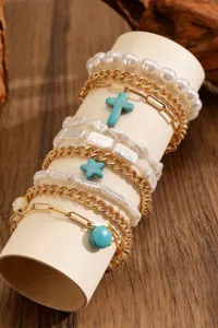 Bohemian multi-layer layered bracelet set with turquoise cross and pearl details for women