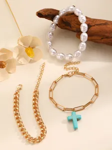 Bohemian multi-layer bracelet set with irregular pearls and turquoise cross charm jewelry