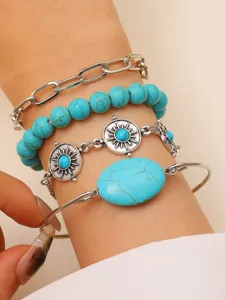 Multi-layer turquoise stone chain bracelet set boho ethnic style jewelry for women