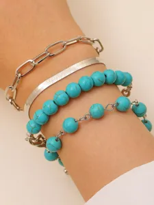 Multi-layer turquoise bead and metal chain bracelet set for women bohemian style detail view