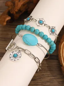 Turquoise multi-layer bracelet detail, boho style charm chain jewelry close-up display