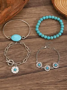 Boho turquoise bracelet set featuring metal chains, beads, and stone pendants for women.