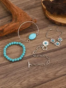 Bohemian turquoise stone bracelet set multi-layer chain metal cuff ethnic jewelry.