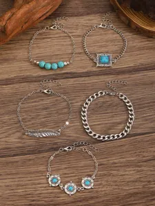 Bohemian turquoise silver chain bracelet set vintage ethnic style multilayer hand jewelry