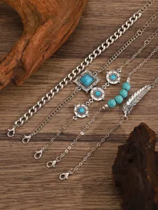 Multi-layer bohemian turquoise bracelet set detail view, silver chain with feather and stone charms.