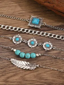 Boho turquoise stone silver chain bracelet set detail closeup view for women daily wear