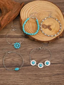 Boho turquoise charm bracelet set, vintage silver chain layered jewelry for women and girls.