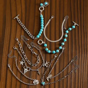 Bohemian western turquoise bracelet set multi layer chain charm jewelry for women daily wear