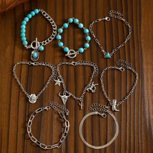 Boho turquoise charm bracelet set western layered silver chain jewelry for women 8pcs