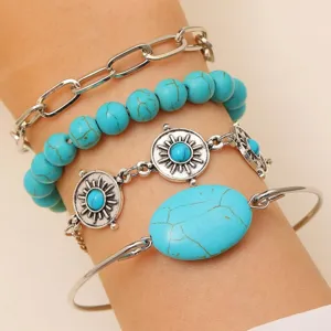 Bohemian multi-layer turquoise bracelet set for women, chic metal chain and gemstone jewelry.