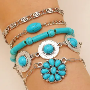 Boho multi-layer turquoise stone bracelet set silver chain fashion jewelry for daily wear