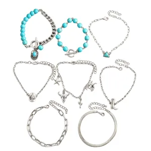Boho turquoise bead bracelet set, multi-layer silver chain vintage charm jewelry for women.