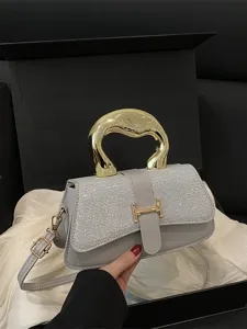 Women Trendy PU Leather Crossbody Shoulder Bag Elegant Stitching Flap Small Square Bag Metal Handle Top Handle Satchel Bag
