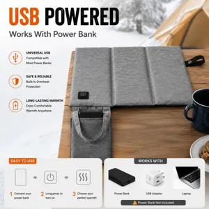 Tragbares klappbares beheiztes Camping Sitzkissen mit USB Anschluss, grauer Stoff für den Winter.