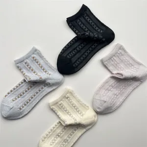 Mesh vertical stripe detail of cooling short socks, breathable summer women sock close up.