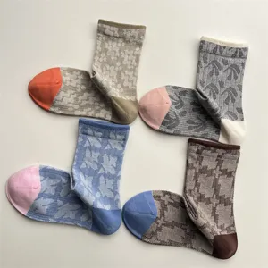 Japanese vintage contrast geometric mid-tube socks, soft breathable cotton socks for women