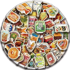 Detailed view of colorful Japanese food stickers, cute waterproof vinyl decals for phone and laptop.