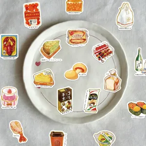 Japanese food stickers detail view featuring diverse illustrated dishes and snacks for diy crafts.