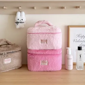 Fluffy plush cosmetic bag large capacity travel cute makeup pouch storage organizer