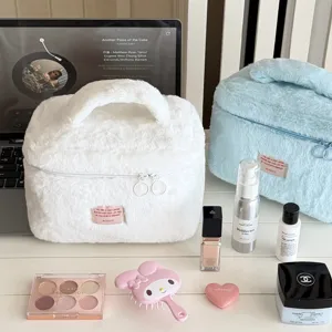 Fluffy cosmetic bag large capacity travel portable makeup pouch cute plush toiletry organizer