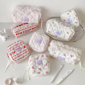 Quilted lace cosmetic bag cute bear strawberry floral storage pouch student stationery pencil case