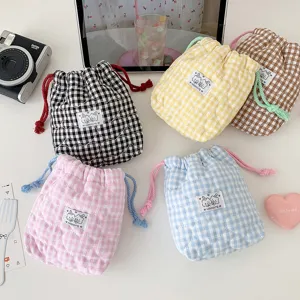 Korean Style Plaid Cosmetic Bag Cute Cartoon Patch Fabric Drawstring Pouch Girls Makeup Storage Bag Travel Toiletry Bag