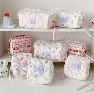 Lace Ruffled Quilted Cosmetic Bag Cute Bear Strawberry Print Small Makeup Pouch Student Stationery Storage Bag