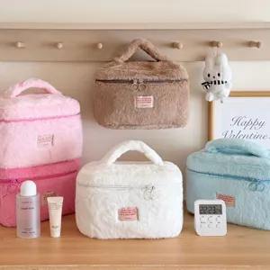 Ins Cute Plush Cosmetic Bag Large Capacity Travel Portable Skincare Storage Bag Soft Fluffy Makeup Pouch Toiletry Bag