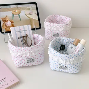 Korean style polka dot lace fabric storage basket desktop cosmetic organizer box.