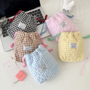 Korean style quilted gingham drawstring pouch cute cartoon cosmetic makeup storage bag for daily use