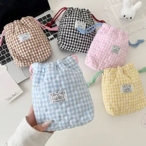 Korean plaid cosmetic bag cute cartoon patch fabric drawstring pouch for girls makeup sundries