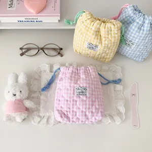 Korean style checkered cosmetic bag cute cartoon patch drawstring storage pouch for girls