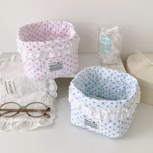 Korean style polka dot lace fabric storage basket, cute desktop cosmetics and sundries container.