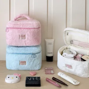 Plush cosmetic bag large capacity portable travel makeup organizer cute fluffy wash bag for women