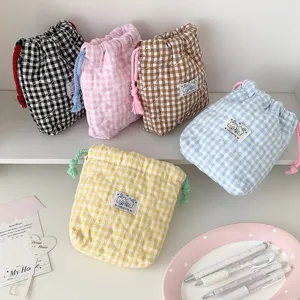 Korean style quilted plaid drawstring pouch cute fabric cosmetic storage bag for women