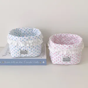 Korean style polka dot lace fabric storage basket desktop cosmetic sundries organizer