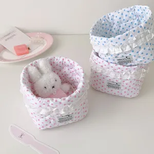 Korean polka dot lace fabric storage basket, cute desktop organizer detail view.