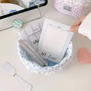 Korean polka dot lace fabric storage basket desktop organizer for cute stationery and cosmetics.