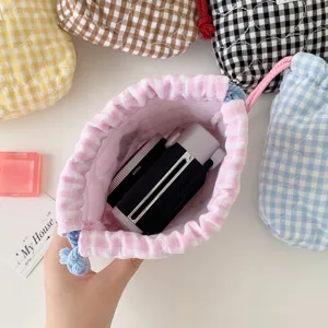Korean style plaid quilted drawstring pouch cute cosmetic storage bag for daily sundries