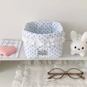 Korean polka dot lace fabric storage basket desktop makeup sundries organizer cute box