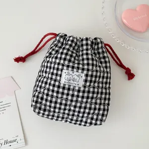 Korean style black and white plaid quilted drawstring makeup pouch cute storage bag for women.