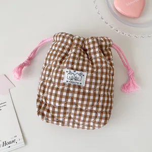 Korean style plaid cosmetic bag, cute cartoon patch fabric drawstring storage pouch for girls.