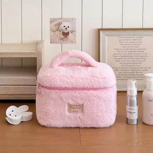 Cute pink plush cosmetic bag, large capacity portable travel makeup storage pouch for daily use.