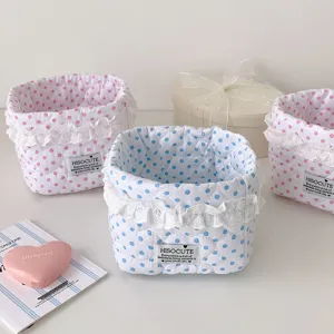 Korean style polka dot lace fabric storage basket desktop cosmetic organizer cute bin