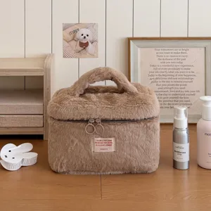 Fluffy cosmetic bag with handle large capacity travel makeup pouch cute toiletry organizer.