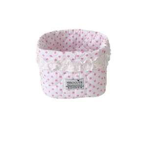 Pink polka dot fabric storage basket with lace trim, cute desktop organizer for cosmetics.