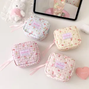 Korean style quilted cosmetic bag with tulip print and cute bow ribbon, portable storage pouch.